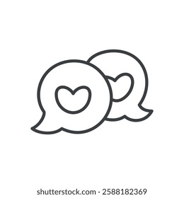 Cute speech bubbles icon. Hand drawn monochrome illustration of two text boxes with heart isolated on a white background. Kawaii St. Valentine day sticker. Vector 10 EPS.