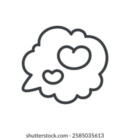 Cute speech cloud icon. Hand drawn monochrome illustration of two little hearts in a text bubble isolated on a white background. Romantic emoji. Kawaii St. Valentine day sticker. Vector 10 EPS.