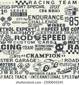 Cute speedway racing team elements wallpaper vintage vector seamless pattern for children wear fabric shirt sweatshirt pajamas