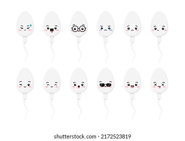 Juego de emoji del personaje de dibujos animados de células espermatozoides. Kawaii esperma medicina maskot - feliz, triste, con lentes de ojos y emoticono de gafas de sol colección. Ilustración vectorial de dibujos animados de diseño plano.