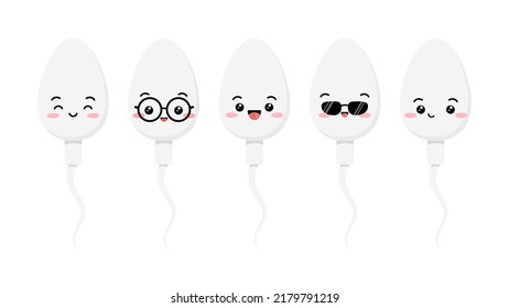 Juego de emoji del personaje de dibujos animados de células espermatozoides. Kawaii sperm medicina maskot - feliz, sonriente, con lentes de ojos y emoticono de gafas de sol colección. Ilustración vectorial de dibujos animados de diseño plano.