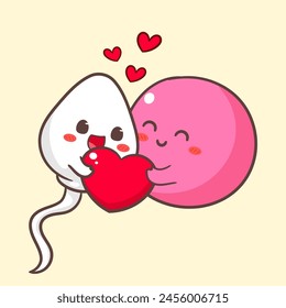 Niedliche Spermien und Eizellen, die Liebesherz Cartoon Charakter halten. Konzeption des Gesundheitskonzepts. Vektorgrafik