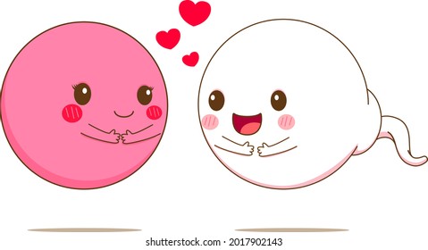 Cute sperm and egg falling in love cartoon illustration