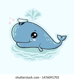 Cute sperm whale on the background of waves. Kawaii character captain cachalot. Vector illustration.