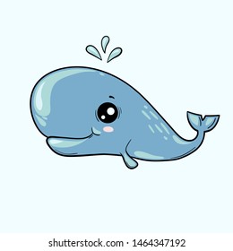 Cute sperm whale on isolated background. Kawaii cachalot cartoon character. Vector illustration.