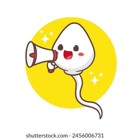 Lindo esperma celular sosteniendo megáfono personaje de dibujos animados. Diseño de concepto de salud. ilustración de Arte vectorial