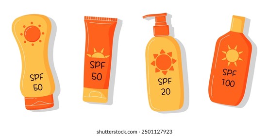 Cute SPF cream bottles set with various levels. Protection from the sun, uv rays. Perfect for summer-themed projects, skincare promotions, and health-related designs.