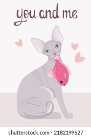 Cute sphinx cat with a fish. Funny postcard. You and me. Cartoon design.
