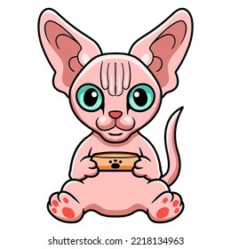 Cute Sphynx Cat Cartoon Holding Food Bowl