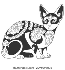 Cute sphynx cat design. Animal coloring page with mandala and zentangle ornaments