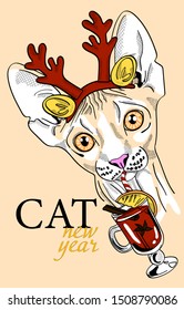 Cute Sphynx cat drinks mulled wine.  New year Card, t-shirt composition, hand drawn style print. Vector illustration. Funny  Sphynx cat  in deer horns Christmas. 