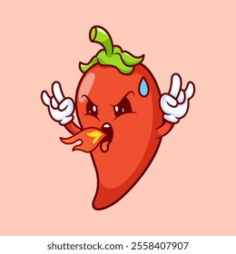 Cute Spicy Chili Pepper With Flame On Mouth Cartoon Vector 
Icon Illustration. Food Vegetable Icon Concept Isolated 
Premium Vector. Flat Cartoon Style 