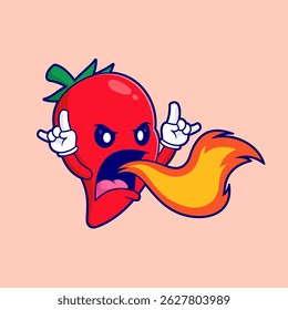 Cute Spicy Chili Pepper With Flame On Mouth Cartoon Vector Icon Illustration. Food Vegetable Icon Concept Isolated Premium Vector. Flat Cartoon Style