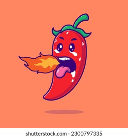 Cute Spicy Chilli Pepper With Flame On Mouth Cartoon Vector Icon Illustration. Food Vegetable Icon Concept Isolated Premium Vector. Flat Cartoon Style