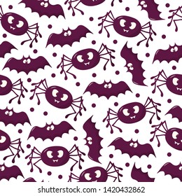 Cute spider and bat pattern for Halloween party. Funny october night seamless background.