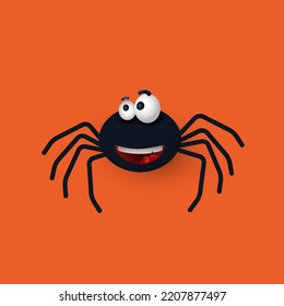 Cute Spider. Cartoon style for Halloween. Black icon and character. Design elements for halloween decorations, sketch, icon, sticker. Vector isolated on orange background