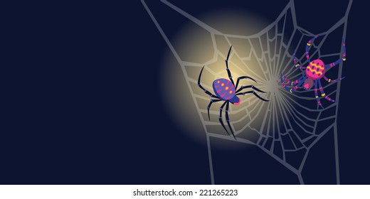 Cute spider couple on the web. Moon Light. Halloween card. VECTOR.