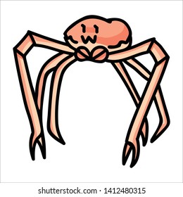 Cute spider crab cartoon vector illustration motif set. Hand drawn isolated crustacean elements clipart for marine life blog, prawn graphic, clawed animal web buttons.