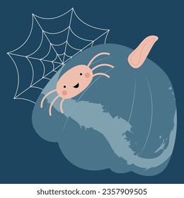 A cute spider is crawling on a pumpkin. Template for postcard, print, banner, poster, textile. Vector illustration in flat modern style.