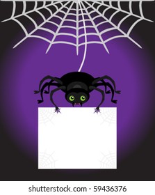 Cute Spider dangling from his web holding a blank sign with copy space on a purple and black background.