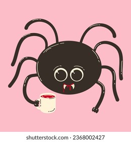 Zu Halloween ist die Zunge süß. Vektorgrafik-Zeichentrickgrafik im flachen Retro-Stil. Eine lustige Spinne trinkt Blut aus einer Tasse.