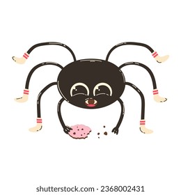 Cute spider for Halloween. Vector character illustration in flat retro cartoon style. Funny spider eats cookies.