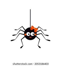 Cute spider hanging on a string of cob web cartoon vector icon isolated on white background. Animal smiling black girl spider character for design to celebrate Happy Halloween party. Flat illustration