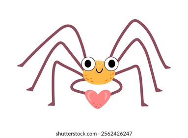 Cute spider holding heart, funny tiny creature with long legs and big eyes. Vector isolated lovely arachnids character with smiling expression. Nocturnal predator adapted in diverse environments