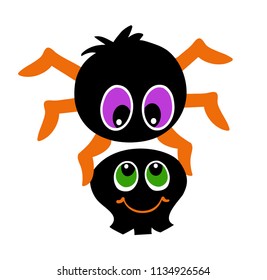 Cute spider holds a skull in its paws. Vector illustration isolated on white background.