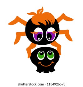 Cute spider holds a skull in its paws. Vector illustration isolated on white background.