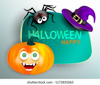 Cute spider on cobweb and orange pumpkin with happy monster face and purple witch hat on white background. Happy Halloween congratulation card