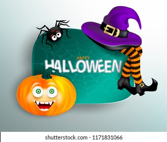 Cute spider on cobweb, orange pumpkin with happy monster face, purple witch hat and legs with striped stockings on white background. Happy Halloween congratulation card
