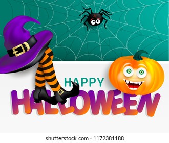 Cute spider on cobweb, orange pumpkin with happy monster face, purple witch hat and legs with striped stockings on white banner with bright text Happy Halloween