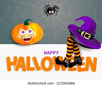 Cute spider on cobweb, orange pumpkin with happy monster face, purple witch hat and legs with striped stockings on white banner with text Happy Halloween on gray background