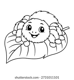 Nette Spinne auf einem Blatt mit lächelndem Gesicht und großen Augen in einer einfachen Strichzeichnung