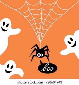 Cute Spider on web and ghost orange background. Background of spider on web for the Halloween party. Spider say boo