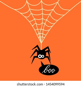Cute Spider on web orange background. Background of spider on web for the Halloween party