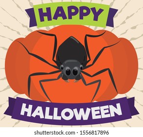 Cute spider over giant pumpkin in flat style celebrating Halloween with greeting ribbons and promoting it.