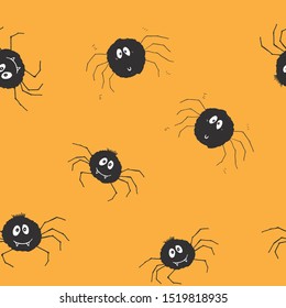 Cute Spider Seamless Pattern, Cartoon Hand Drawn Spider Doodles Vector Background Illustration.