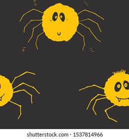 Cute Spider Seamless Pattern, Cartoon Hand Drawn Spider Doodles Vector Background Illustration.