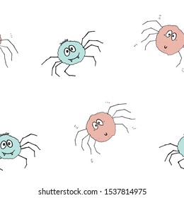 Cute Spider Seamless Pattern, Cartoon Hand Drawn Spider Doodles Vector Background Illustration.