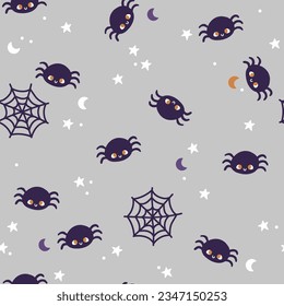 Cute spider seamless pattern, grey Halloween digital background with moon, stars and spider web.