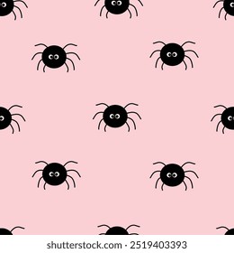 Cute spider seamless pattern. Halloween Print. Seamless background with repeating child print. Simple flat graphic vector illustration. Isolated pink background.