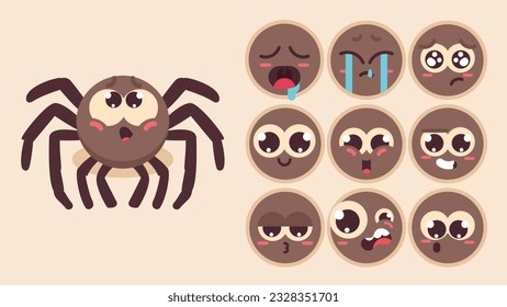 Araña cúrnea, un conjunto de emociones animales, araña diminuta con coloración de emojis, durmiendo, llorando, triste, aburrida, feliz, emocionada, adorable, sorprendida, descuidada, segura, aterrada, atónita, avatar del vector Flat