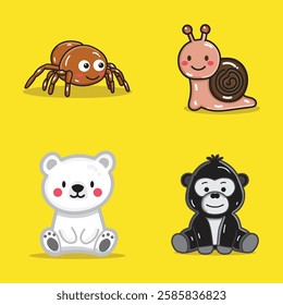 a cute spider, snail, polar bear, and gorilla cartoon illustration for the design element