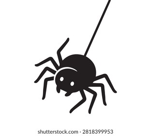 Cute spider swinging on a web thread in bold black silhouette vector style.
