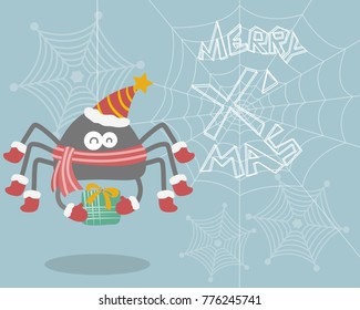 Cute spider vector cartoon wearing christmas costume and holding a present. Spider webbing merry x'mas greeting on his web. Christmas vector card. 