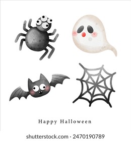 cute spider with spider web ,cute ghost and little bat illustration horor for Halloween element decoration