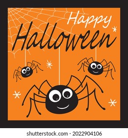 Cute spider and web for halloween greeting card