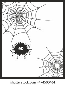 Cute spider with a web. Vector illustration of a cartoon spider. Happy Halloween. Trick or treat. Black and white